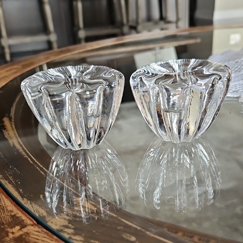Pair Clear Glass Crystal Candle Holders - Vintage - Orrefors Stella
